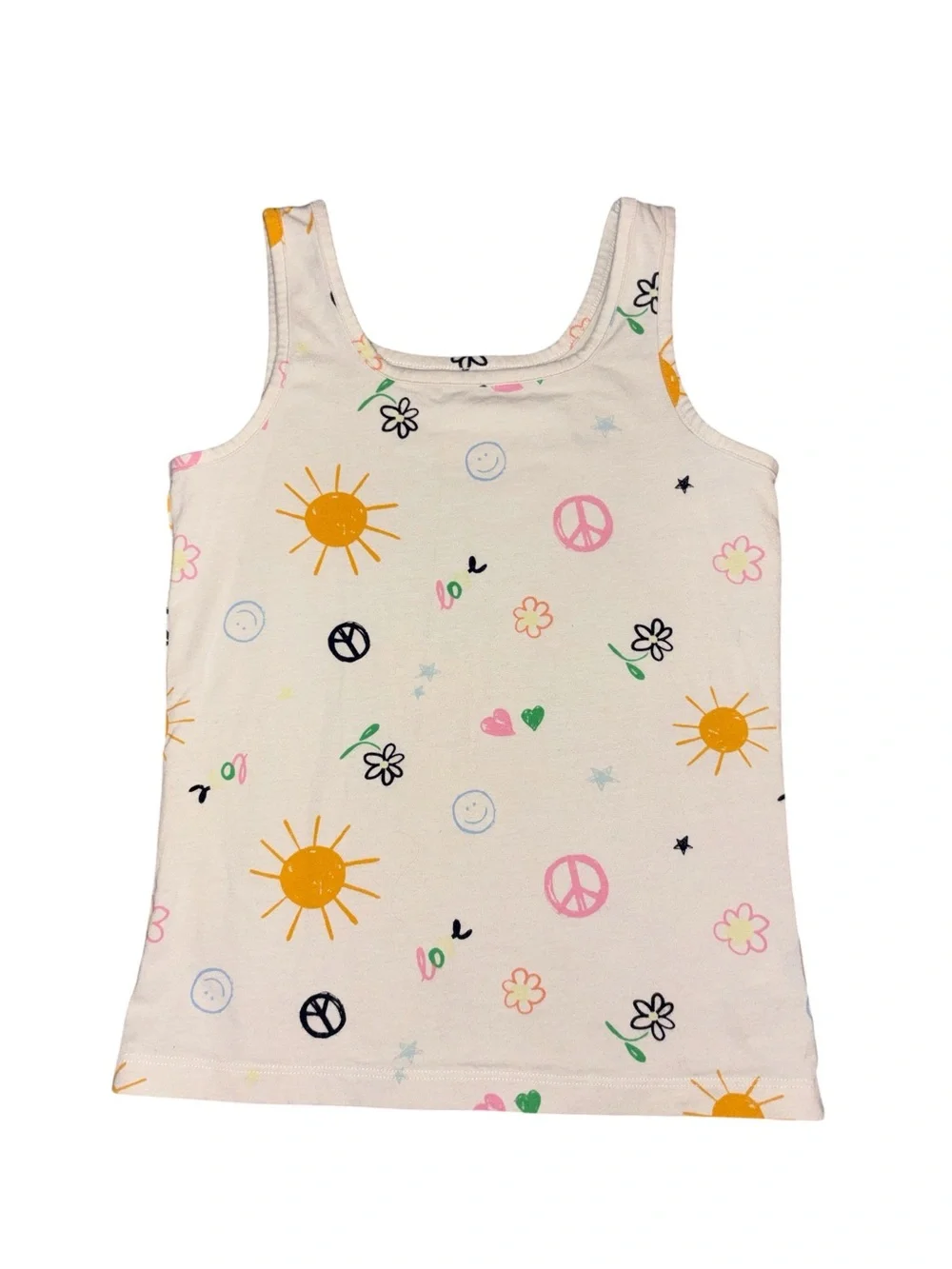 Old Navy White Tank Top with Yellow Sun & Multicolor Graphics